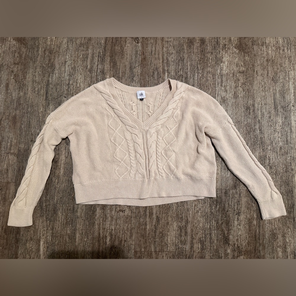 CAbi Cropped Cable Knit Sweater Boxy V-Neck Oversized Women's L